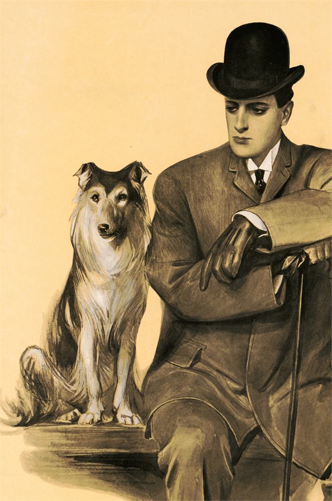 A formal painting of Mayor Daron Beck in a bowler hat seated beside Otis, a long-haired sheltie