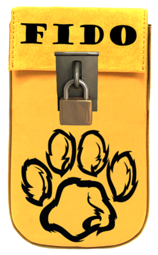 A yellow locking phone pouch printed with the word FIDO and a large black paw