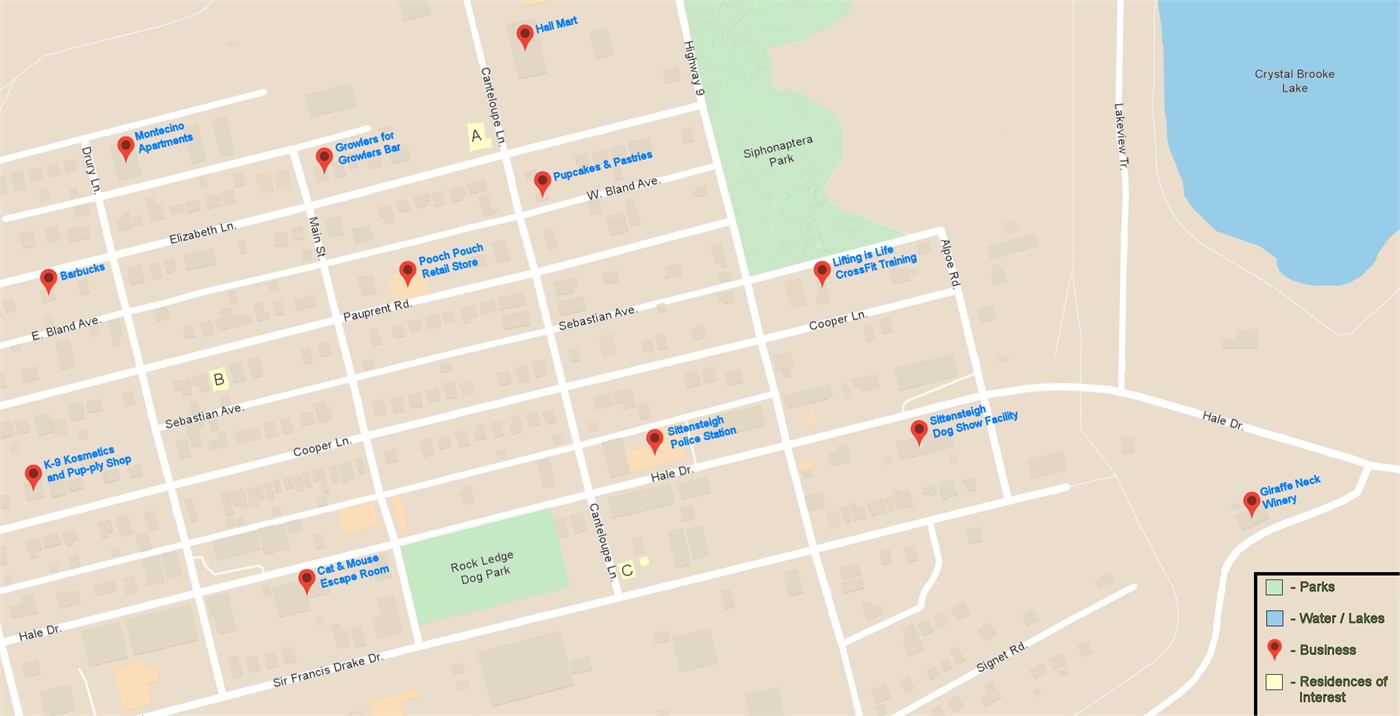 Map of Sittensteigh showing the dog show facility on Hale Drive, Pupcakes and Pastries, the Cat and Mouse Escape Room by Rock Ledge Dog Park, and the rest of town